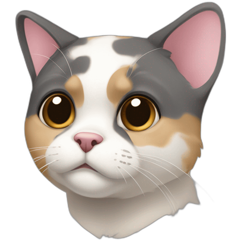 older diluted calico, white chin, black and pink nose, mostly dark grey with whiteish beige forehead, dark grey ears emoji