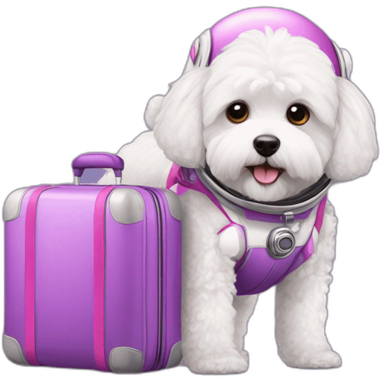 a white maltipoo as purple astronaut with a pink luggage emoji