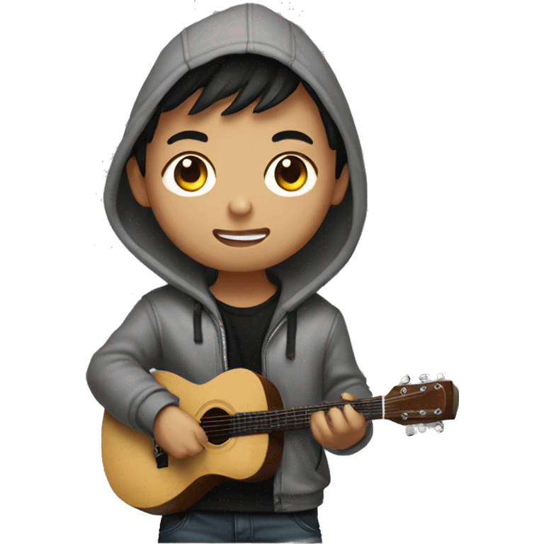 korean boy in unbuttoned grey hoodie jacket playing guitar with black t shirt inside emoji