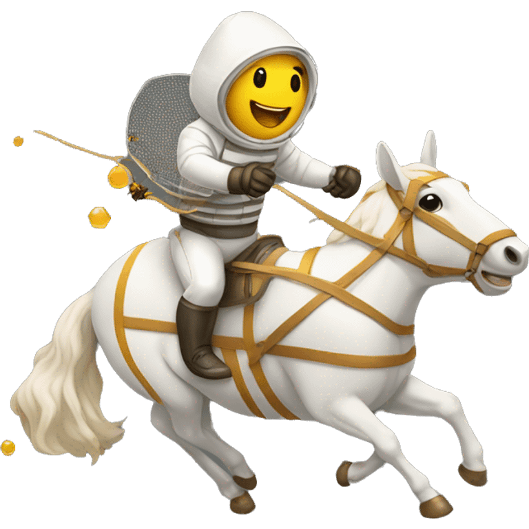 beekeeper wearing a fencing Veil riding a horse with small honey chasing him emoji