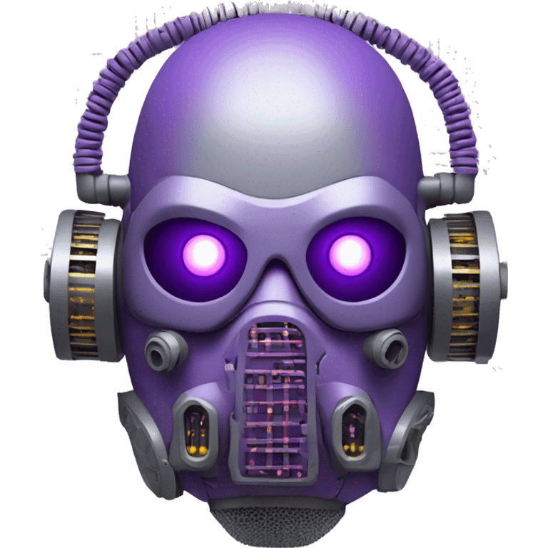 Purple mohawk cyborg head with grey respirator mask and circuits emoji