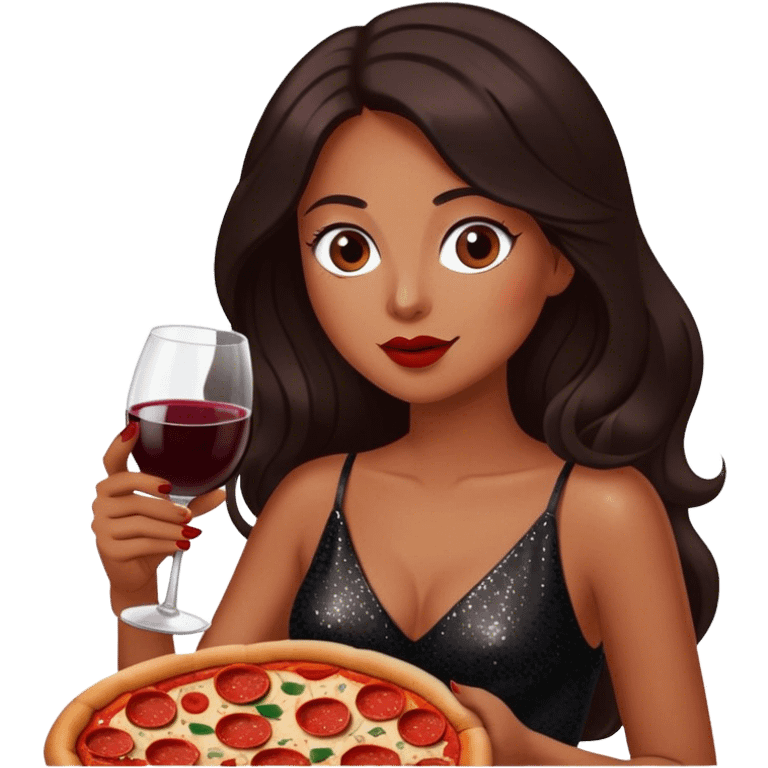 Beautiful woman in 1950’s woman fashion look, black shimmery dress, long dark brown hair, red wine, Pepperoni pizza emoji