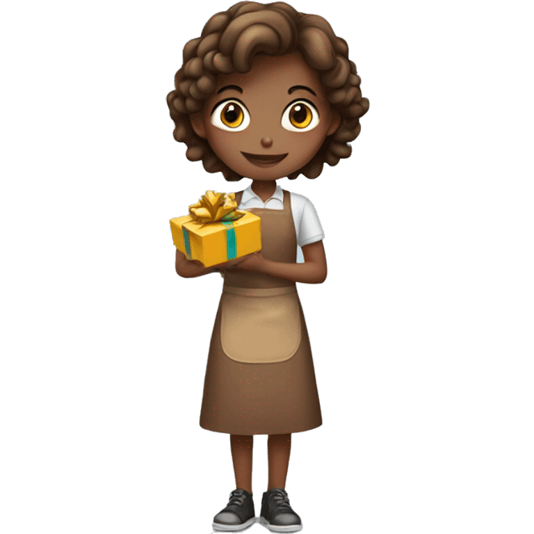 girl in brown apron with gift emoji