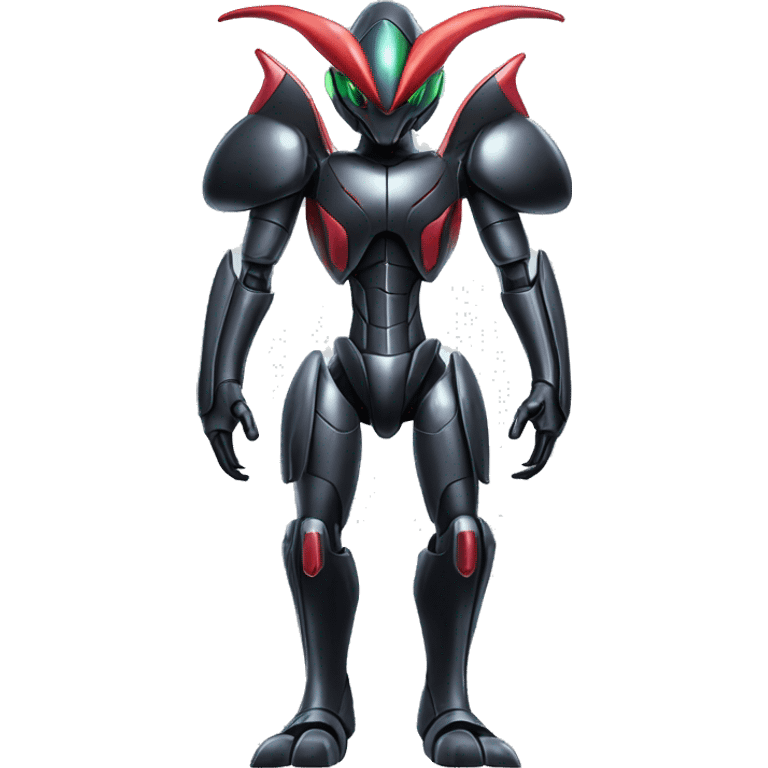 a shiny metallic black Genesect-Flygon-Raptor-Fakémon-Medabot-hybrid with a futuristic visor-helmet full body emoji