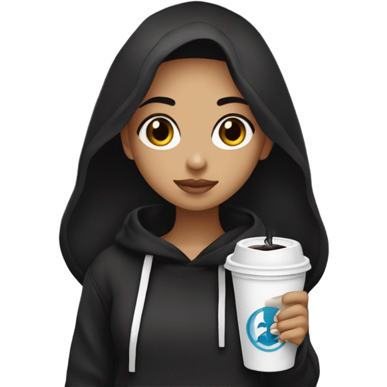 Girl with black hair and wearing black Hoodie and drink black caffeine ￼ emoji