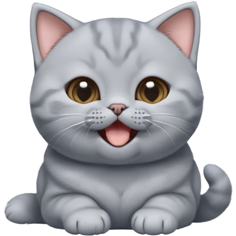 Cinematic Cute Grey British Shorthair kitten Portrait Emoji, Head tilted playfully and yawning, round and plump body with sleek soft grey fur and subtle blue undertones, Simplified yet adorable features, highly detailed, glowing with a warm, friendly glow, high shine, curious yet calm, stylized with a touch of whimsy, bright and endearing, soft glowing outline, capturing the essence of a mischievous yet loving and lazy kitty, so cute it feels like it could stretch out of the screen and cuddle! emoji