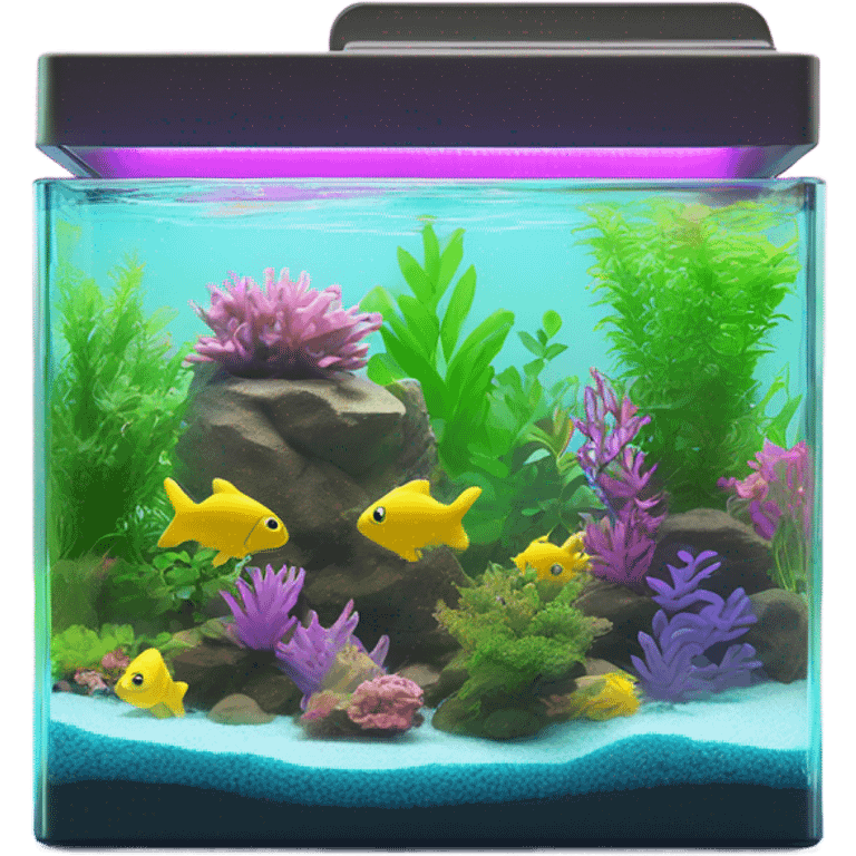 One Rectangular fish tank, beige lid and wedges with green plants inside  and  fish in different neon colors (pink, yellow, purple, green, blue) emoji