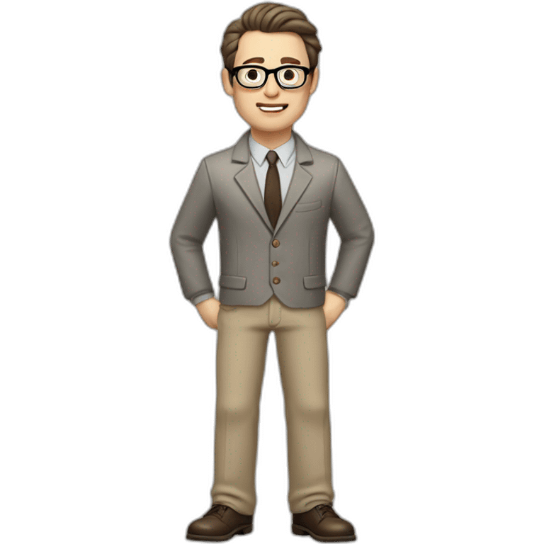 Full height Gesticulating Pale skinned fit man with dark brown hair in gray jacket, beige office shirt, brown tie, brown pants and vintage glasses. emoji