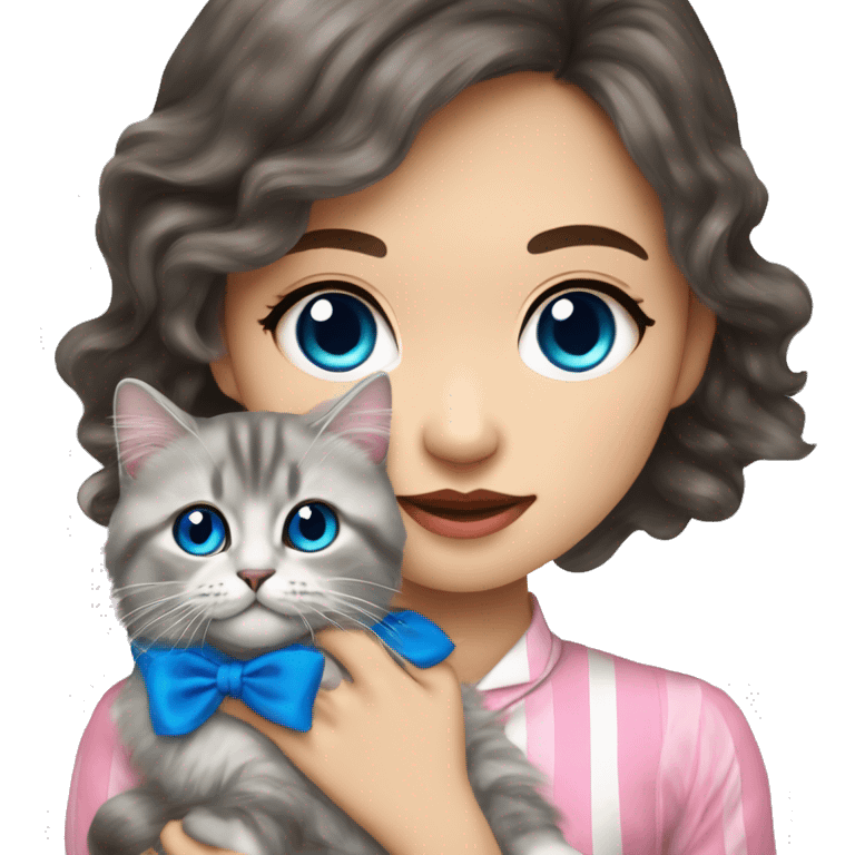 Long Brunette wavy hair Asian girl holding fluffy Ragdoll with blue eyes and pink bow collar and gray striped Scottish fold cat   emoji