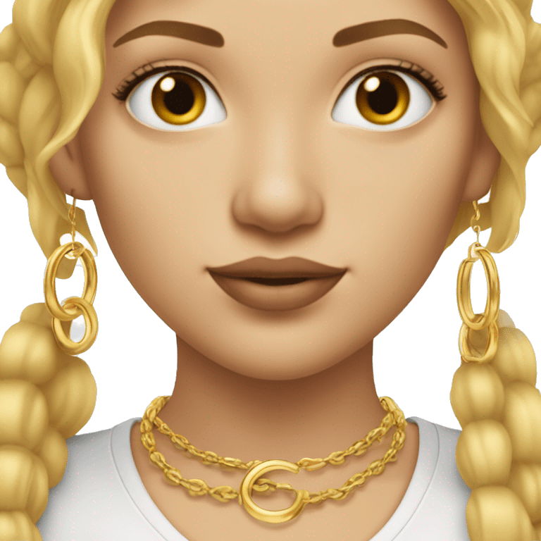 white woman with hazel eyes and straight blonde hair wearing gold necklace and small gold hoop earrings emoji