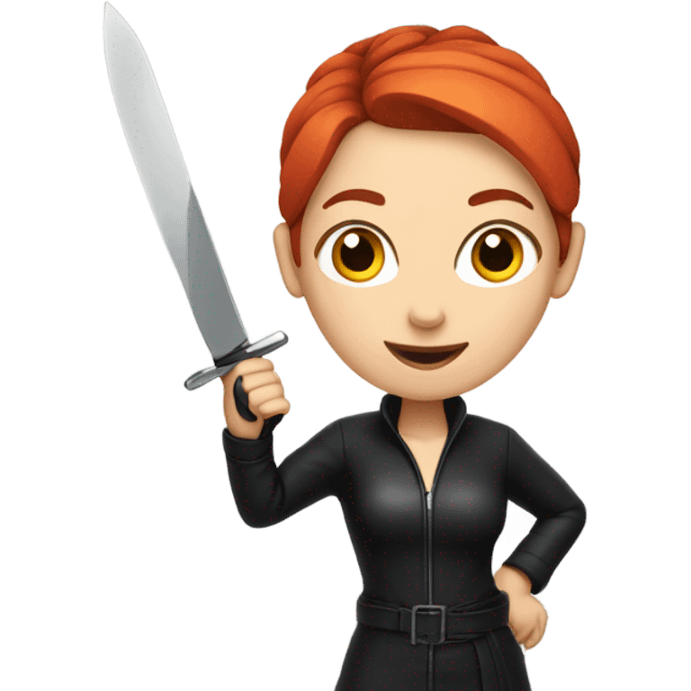 Woman with red hair bun wearing black leather an a knife emoji