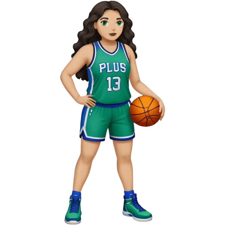 Full Body light skin Latino plus size women basketball player with long wavy dark hair  wearing blue and green uniform emoji