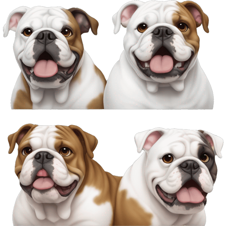 2 english bulldogs, both mostly white, one with brown spot in right quadrant of his face, the other with mostly white with some gray spots emoji