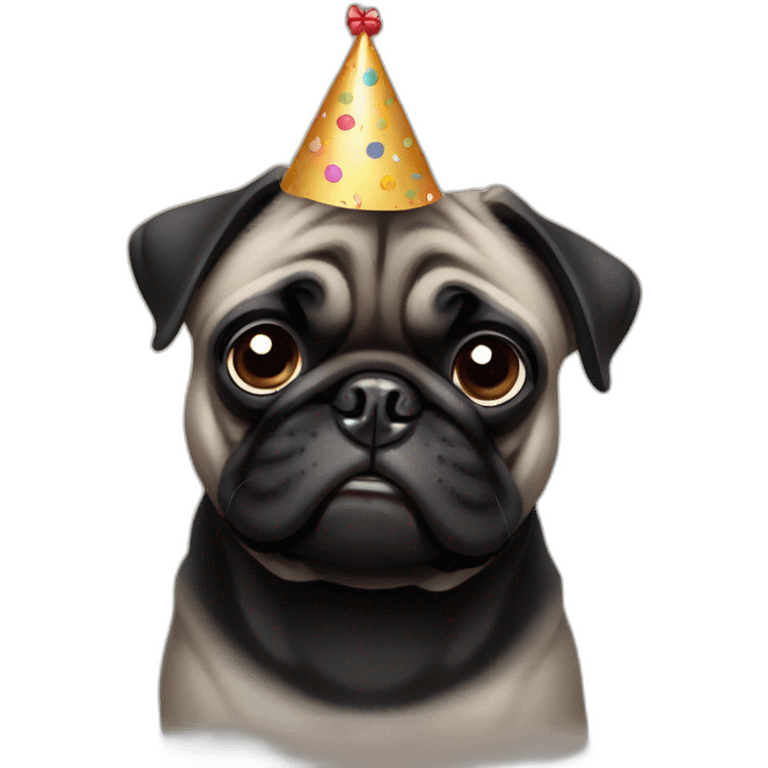 pug and black pug wearing birthday hat emoji