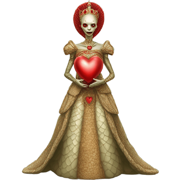 a Reptilian alien woman full body in Romanov dress, holding big red heart emoji