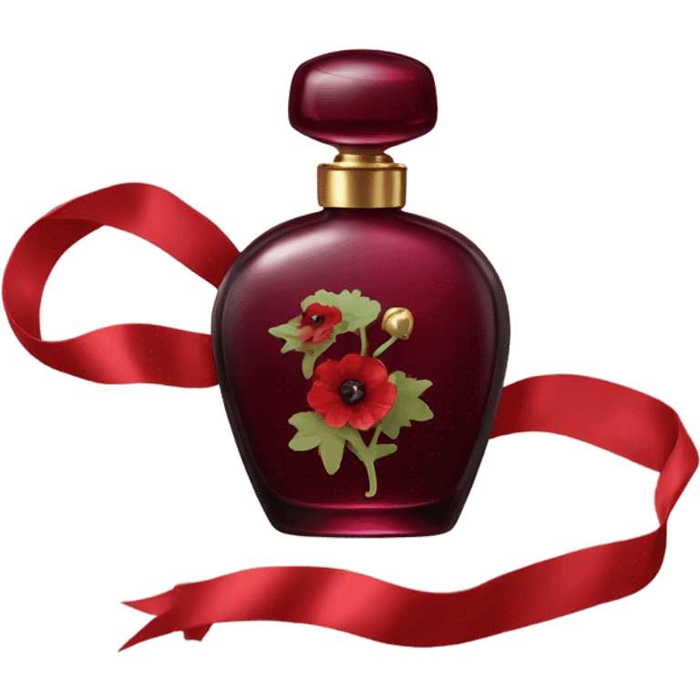 Dark red romantic perfume bottle with red anemones and a silk red ribbon emoji