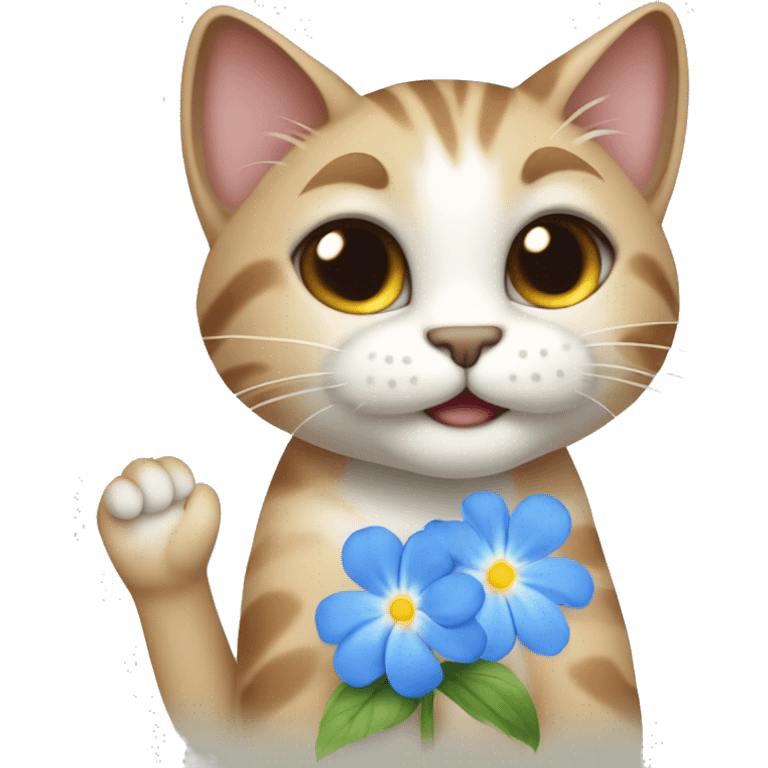 sweet cat smiling and stretching out its paw and giving a blue flower forget me not emoji