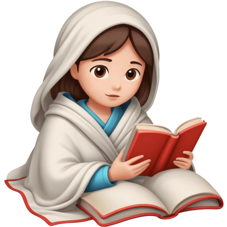 A girl wrapped in a blanket is reading a book. emoji