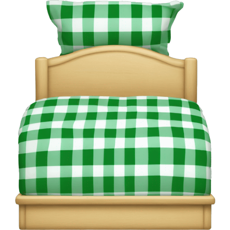 light wooden bed with green gingham beddings and a rectangular headboard emoji