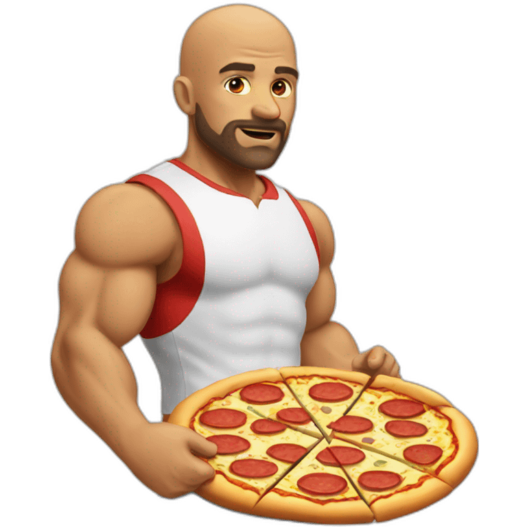 muscular bald man with short beard eating a pizza emoji