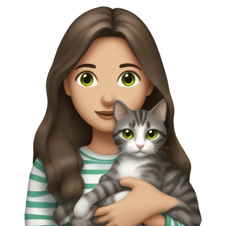 Brunette girl with green eyes, holding a gray, striped, brown-eyed cat in her arms emoji