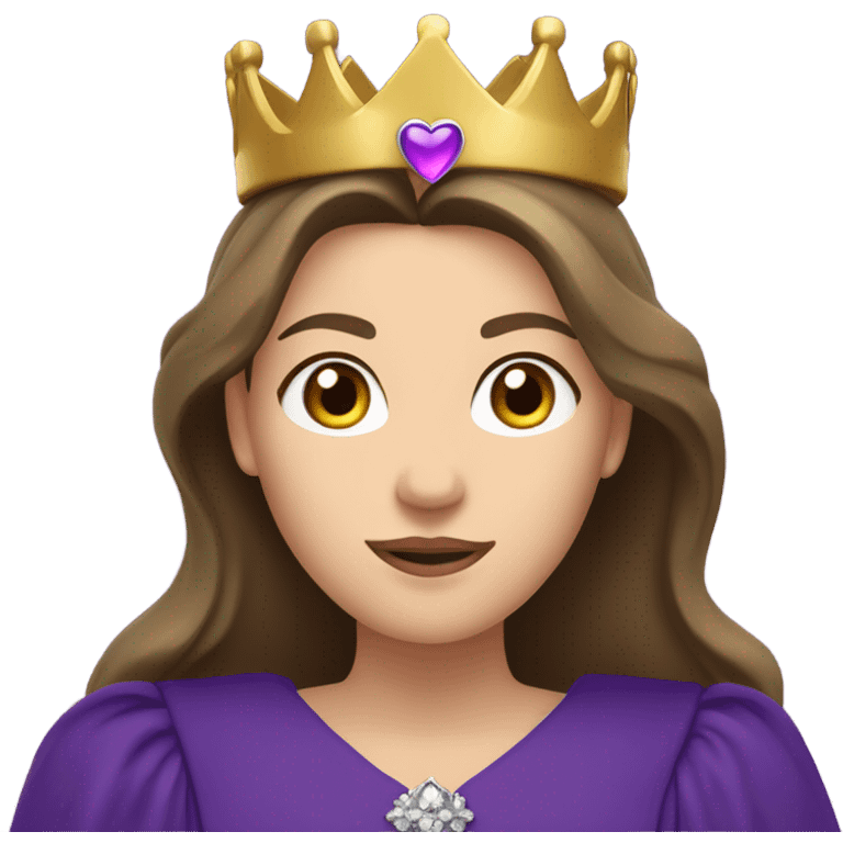 Caucasian long  brunette woman wearing formal royal purple robes and a crown with hearts floating in the air around her head emoji