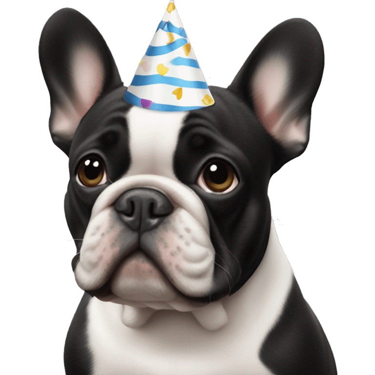 an all-black French bulldog with a white breast in a birthday cap emoji