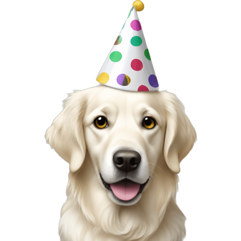 White golden retriever wearing polka dot party hat emoji