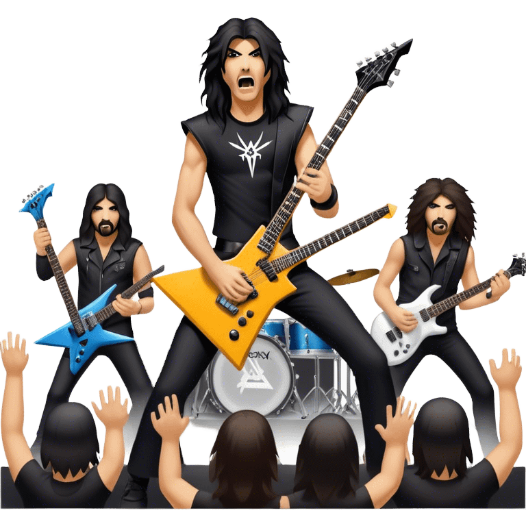 Icon for Heavy Metal: Anthrax band performing live on stage with electric guitars, drums, and a vocalist. The crowd is energetic, with heavy metal vibes. The design should capture the raw power and intensity of a live metal concert. Transparent background. emoji