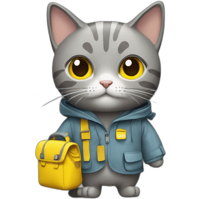 Grey cat with camera and a raincoat, yellow bagpack  emoji