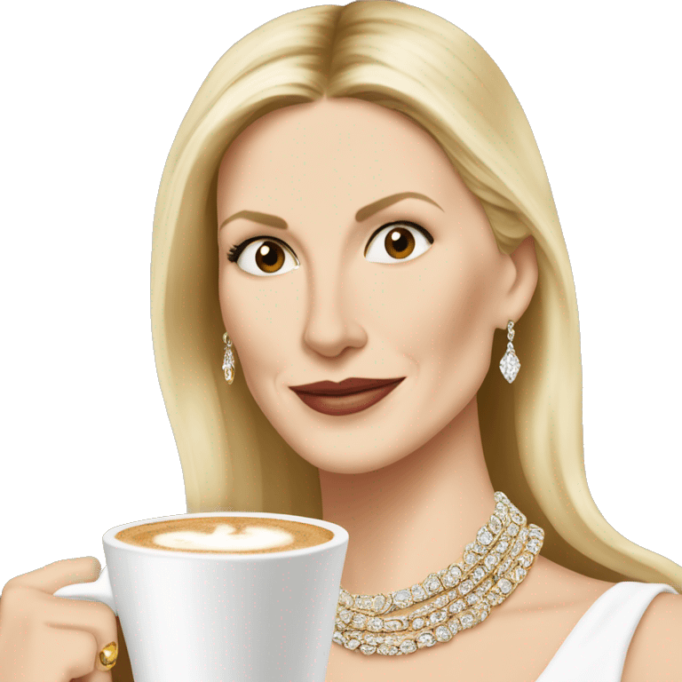 Kelly Rutherford with jewellery wearing white drinking cappucino emoji