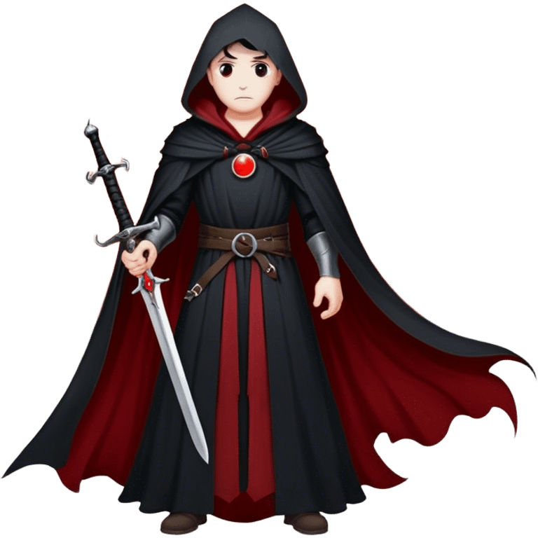 A lone swordsman in a flowing black cloak, standing under a blood-red moon emoji