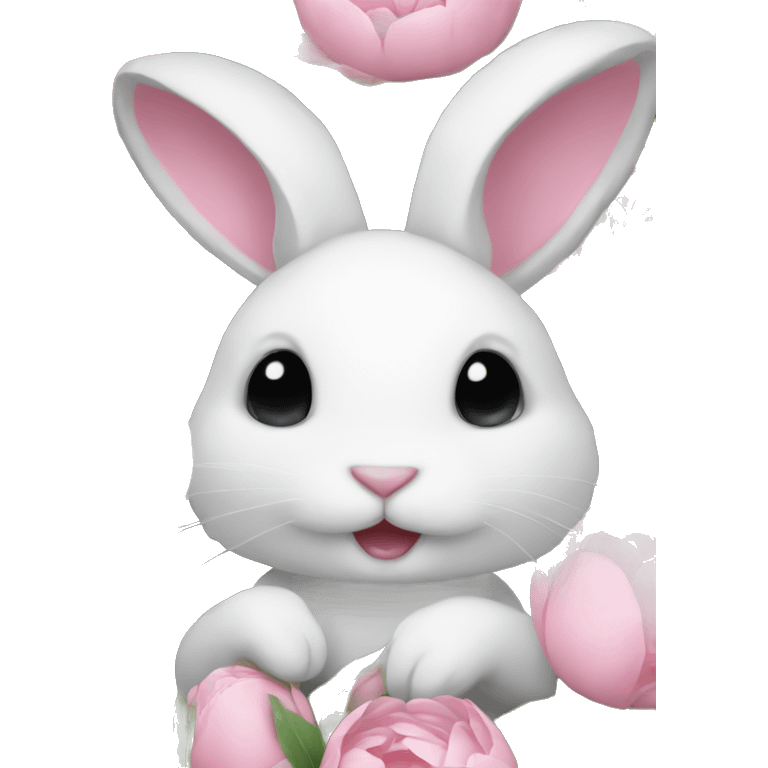 cute white bunny holding light pink peonies emoji