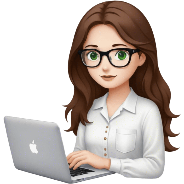 chica de ojos verdes con pelo marrón largo y algo ondulado, usando una camisa blanca y unos anteojos para leer con marco negro, mientras sostiene una macbook y tiene un café emoji