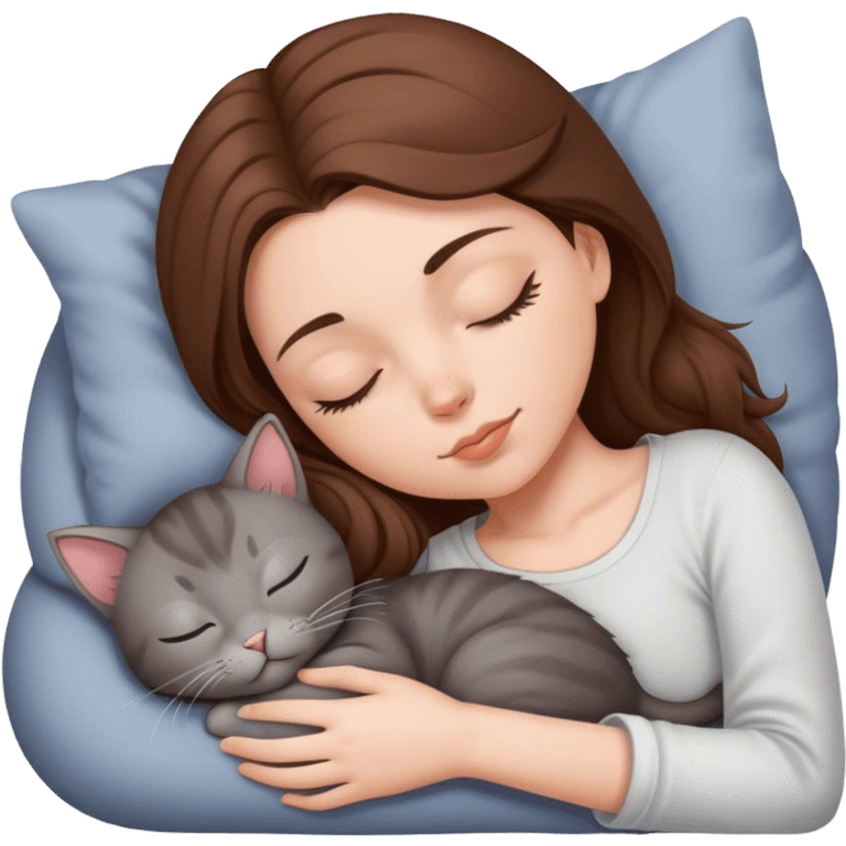 White girl brown hair sleeping with grey kitty emoji