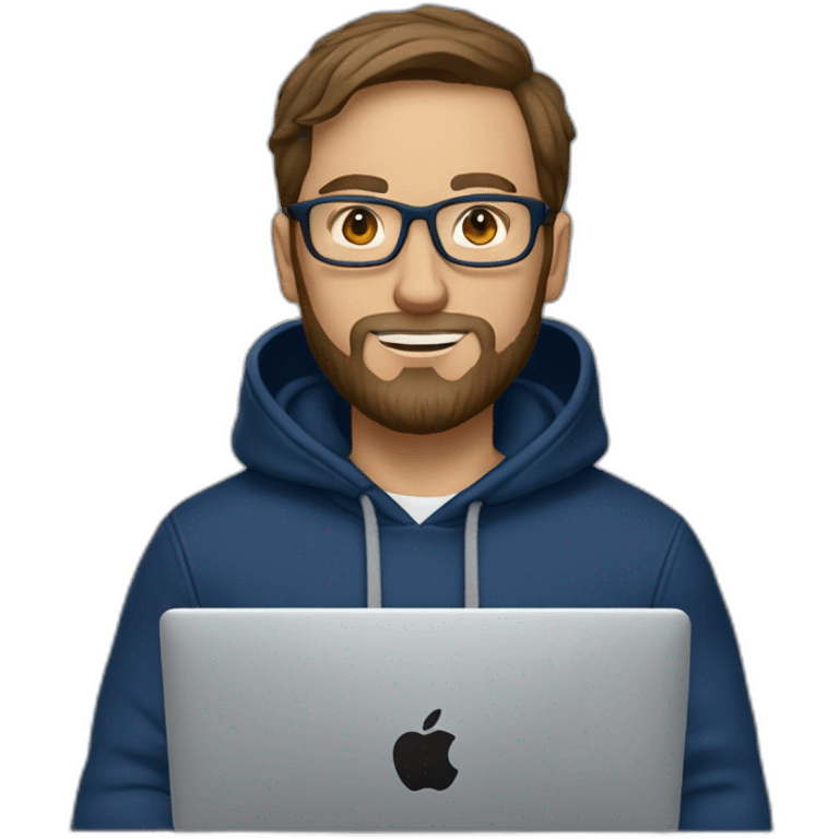 Brown hair white man with a beard and round glasses typing on apple computer wearing a dark blue nike hoodie emoji