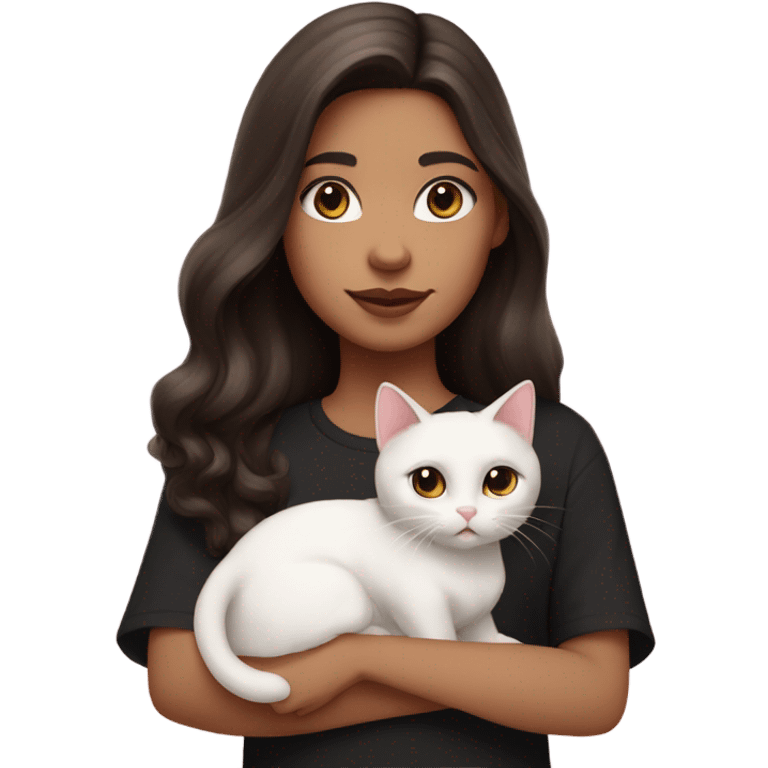 Girl with long dark brown hair hazel eyes and pink lips wearing cute black shirt bringing a white cat and a calico cat emoji