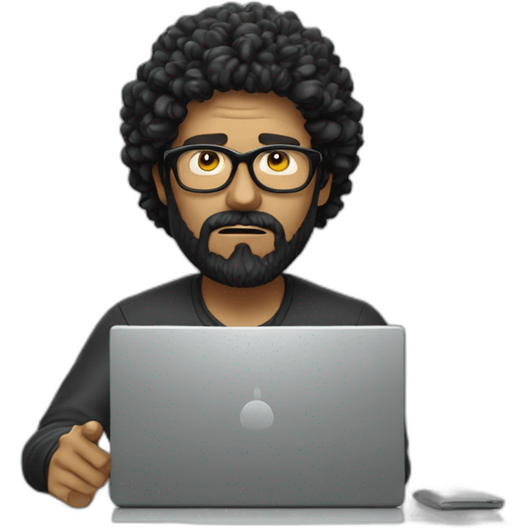 angry men with black curly hair and beard with golden glasses working on computer emoji