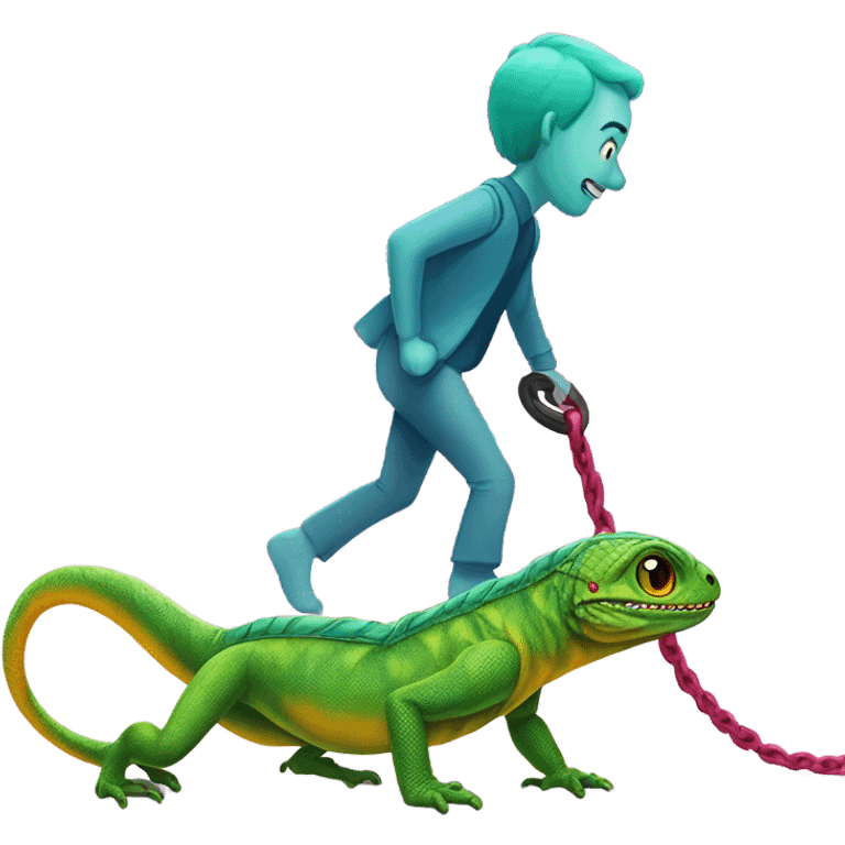 Man crawling on a leash on a walk by a lizard human emoji