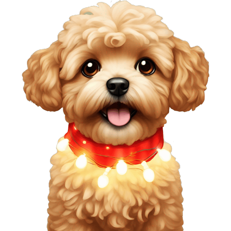 Red maltipoo with Christmas lights decorated around its neck emoji