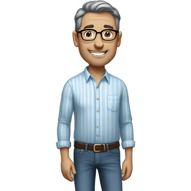 A middle-aged healthy man with short dark hair and glasses, wearing a light blue striped shirt and jeans, standing casually with one hand in his pocket, smiling gently against a plain, neutral background. emoji