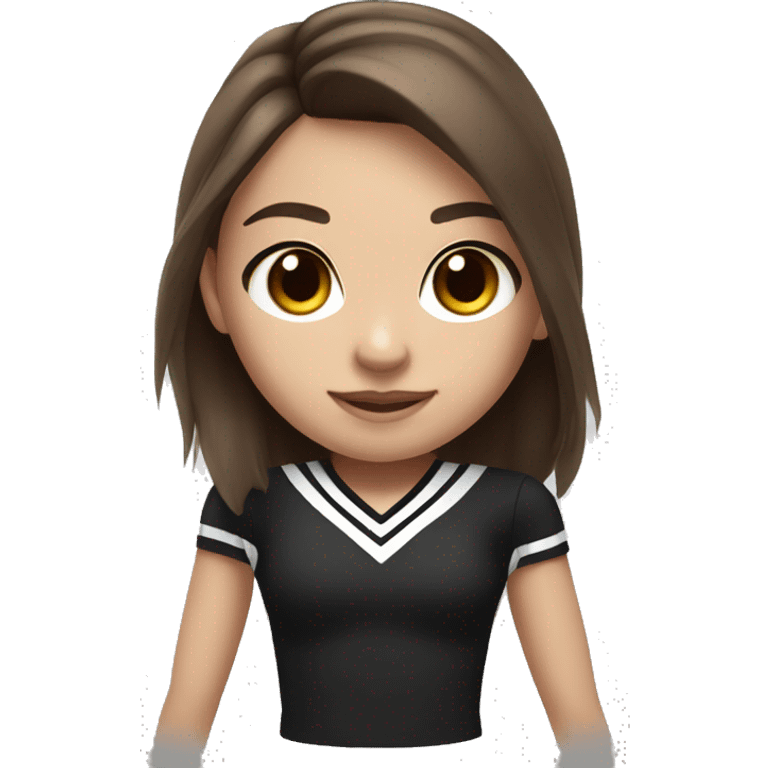 Short girl with long brown hair in black and white cheerleading uniform with brown eyes and long eyelashes  emoji