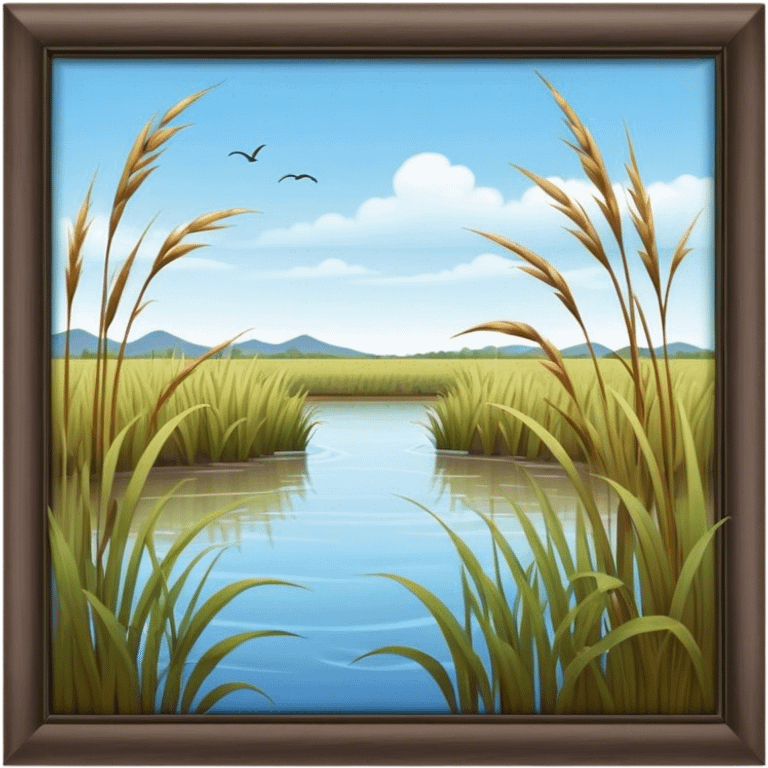 Cinematic Realistic Wetlands Emoji in a wooden frame, Peaceful and serene, with tall grasses swaying in the breeze and soft, muddy waters reflecting the sky above. Small birds and insects flit among the reeds while lily pads float lazily across the surface, punctuated by the occasional croak of a frog or splash of a fish. Soft glowing outline, capturing the essence of a calm, tranquil wetland brimming with life and natural beauty. emoji