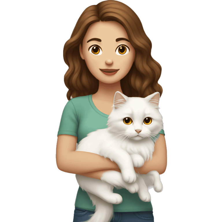 woman with brown hair holding a white Siberian cat emoji