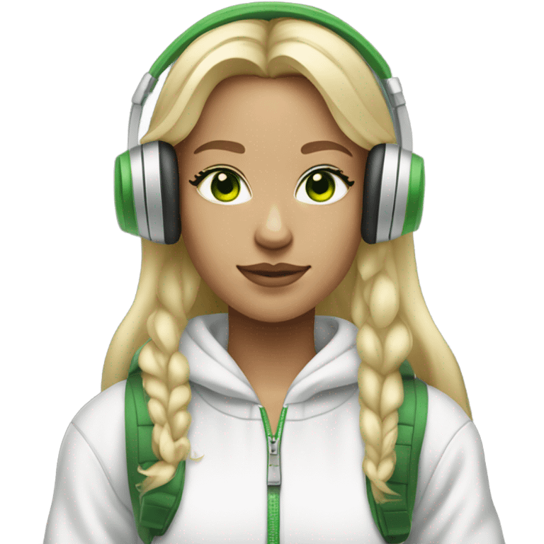  blonde girl wearing white headphones with green eyes and grey tracksuit and white airforces emoji