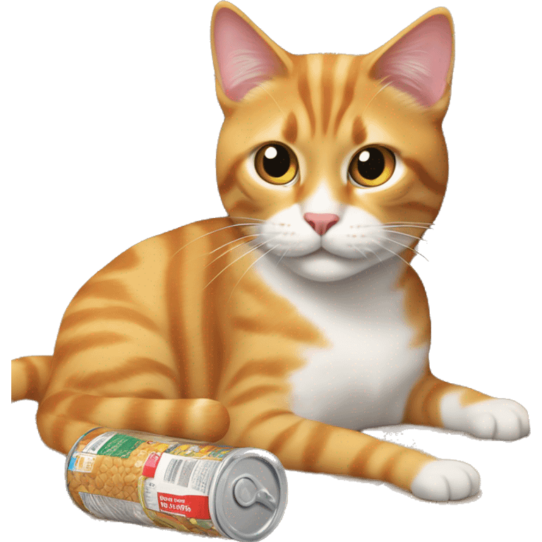 The cat ate his fill and lies contentedly among the packages of pet food emoji