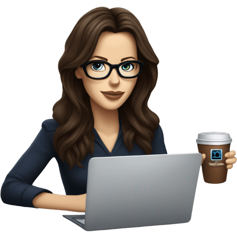 Hyper Realistic Kate Beckinsale dark blue eyes wearing glasses drinking coffee at a laptop  emoji