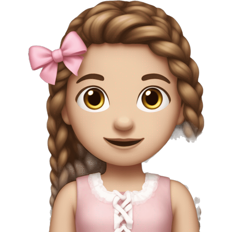 Little Girl with White skin, blue eyes. Long brown hair with two braids and two pink bows in it. She is wearing a pink and White dress, standing and holding on to a teddybear. emoji