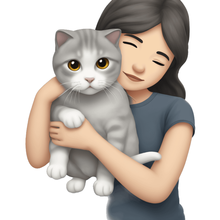 A grey Scottish fold-eared cat in the arms of a girl with white skin and dark hair emoji