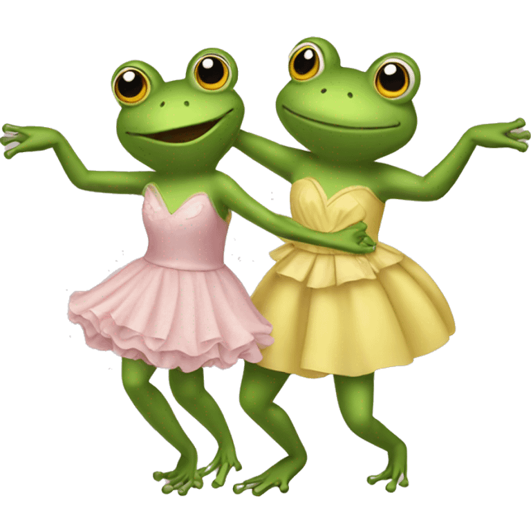 Two frogs in dresses holding hands and dancing emoji